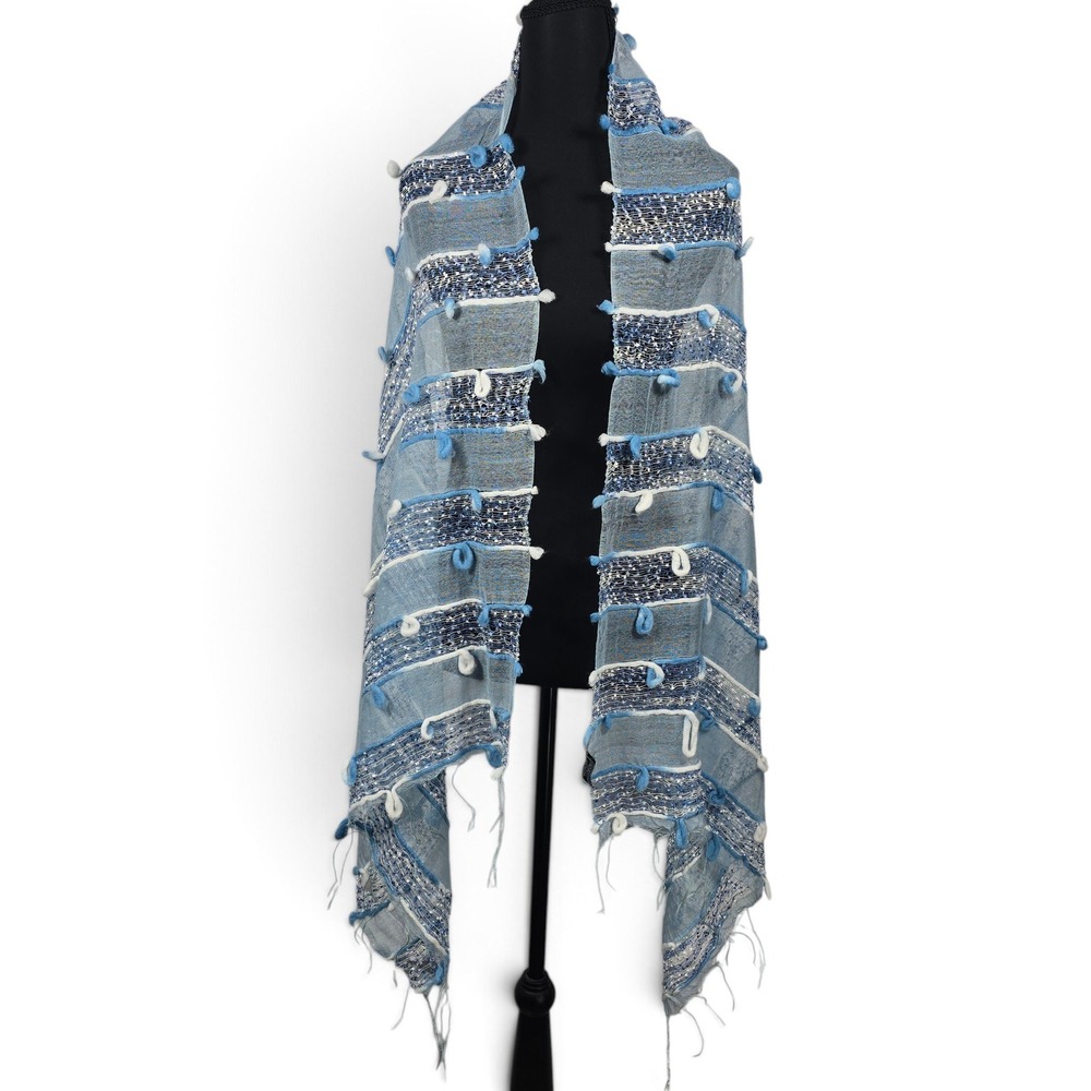 Silk Viscose Unbranded Scarf Women OS Wrap Blue Pom Pom Textured Fringed Boho